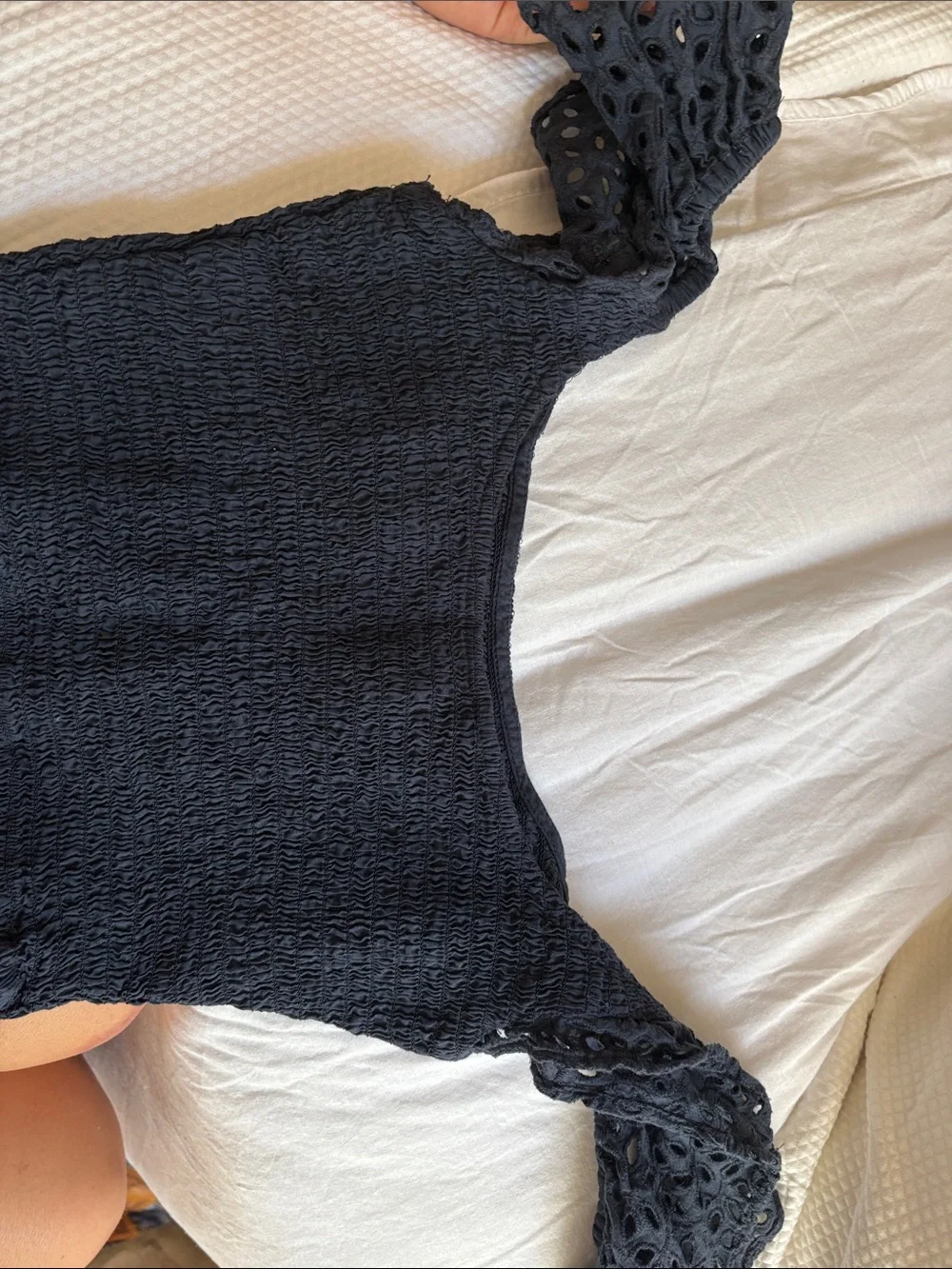 H&M Black Eyelet Puff Sleeve Smocked Crop Top